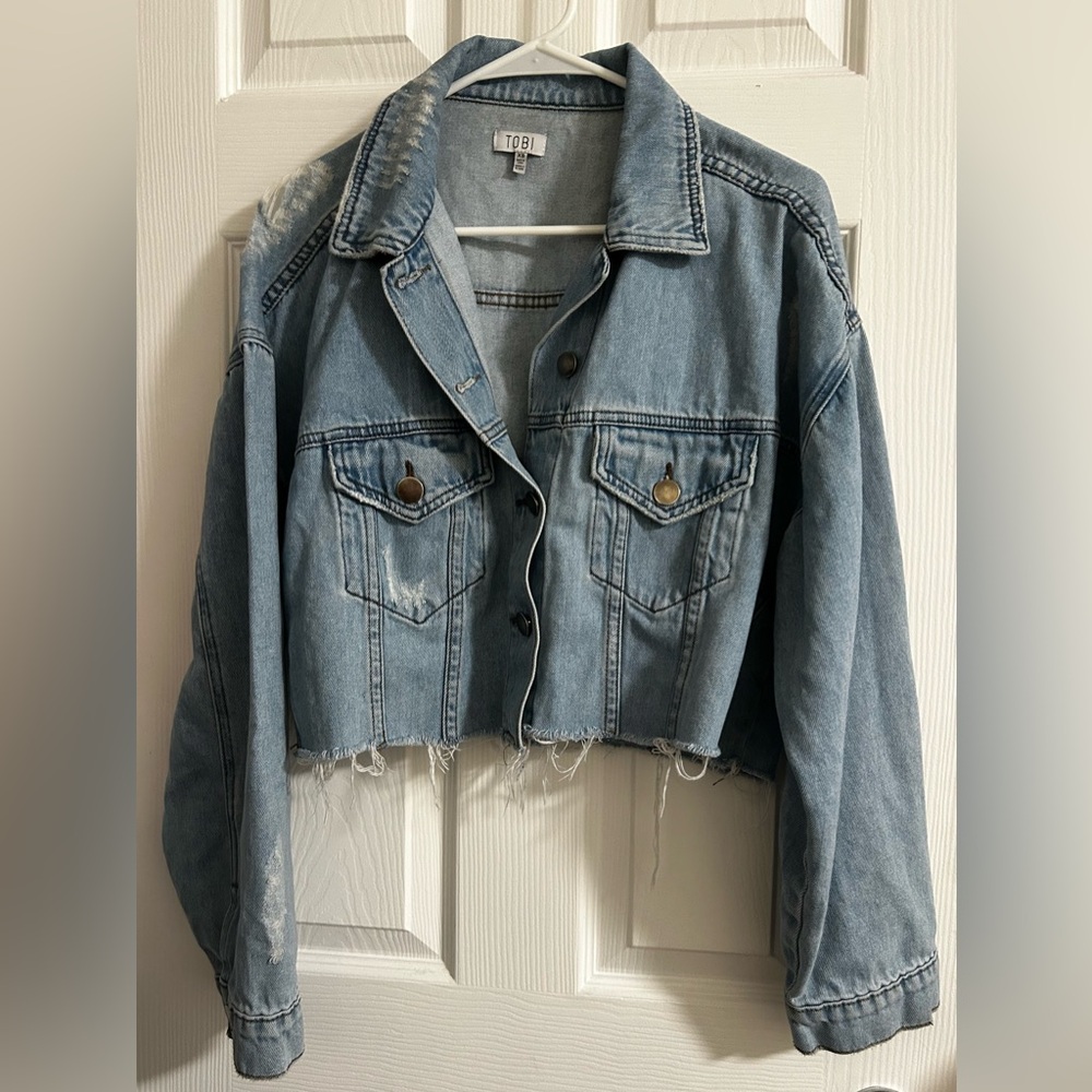 TOBI Distressed Oversized Denim Crop Jacket Size: XS